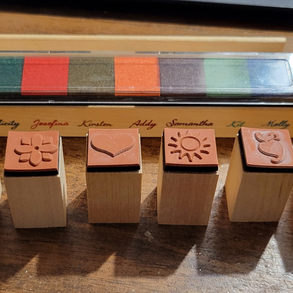 RARE American Girl Wooden Stamp Set with Colorful Ink Pad and Ink Refill Set